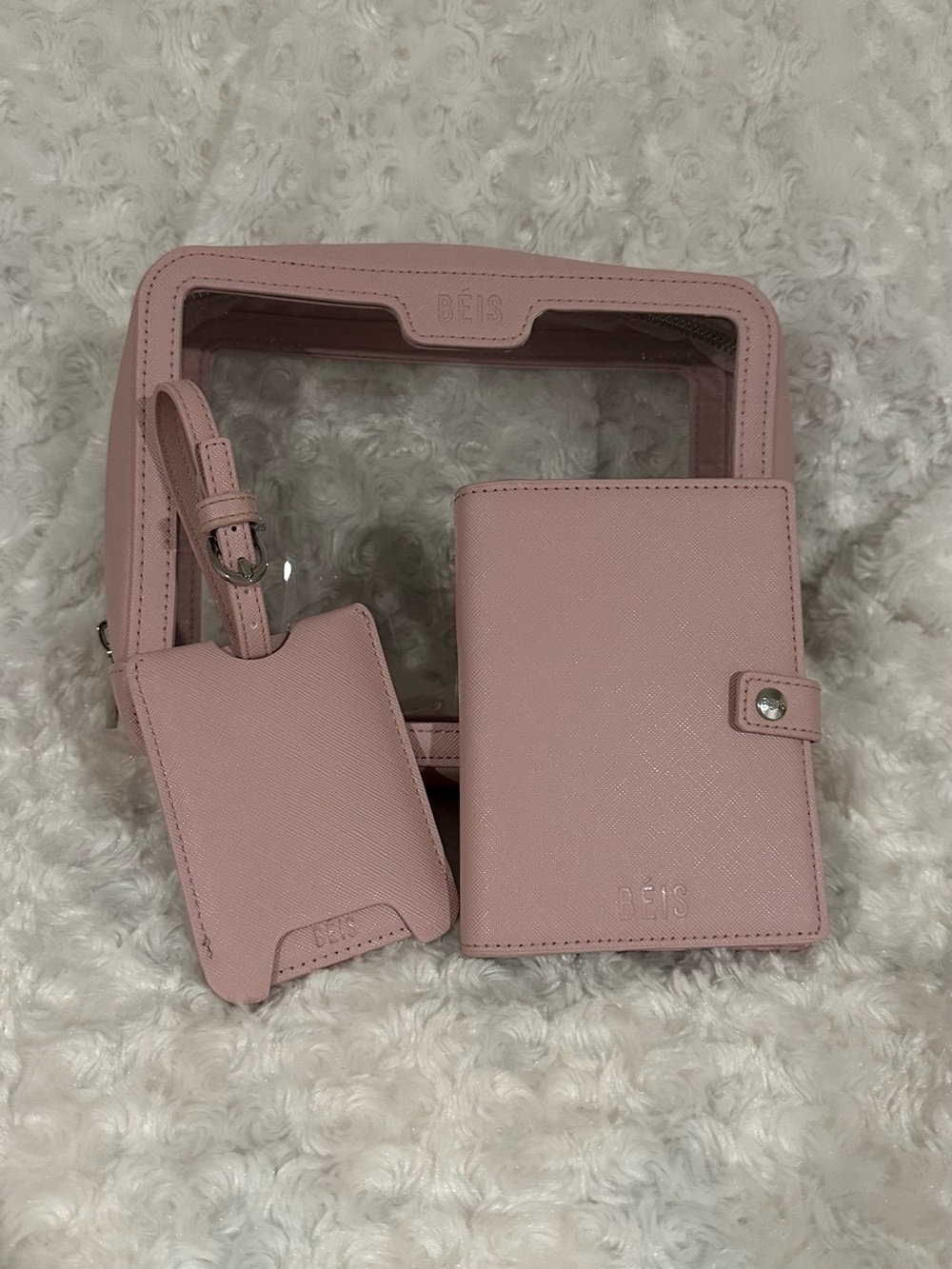 (NWOT) BEIS Blush Pink Travel Set - Passport Holder, Luggage Tag & Clear Pouch